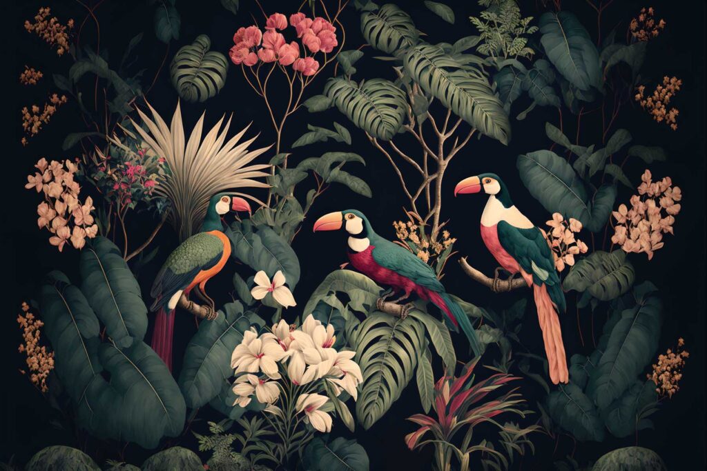 PlateART Duschrückwand Dschungel Vögel Vintage